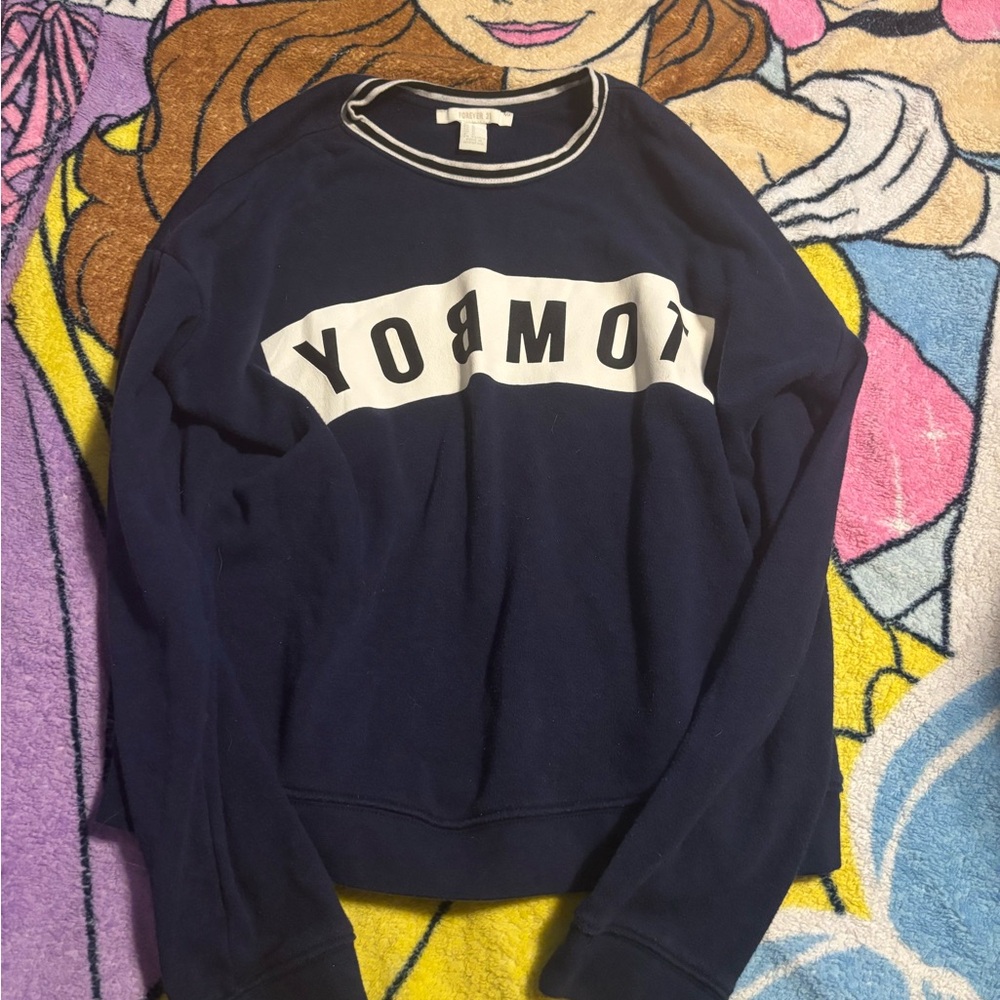 Forever 21 Navy and White V‑Neck Sweater with Bold Contrast Panel